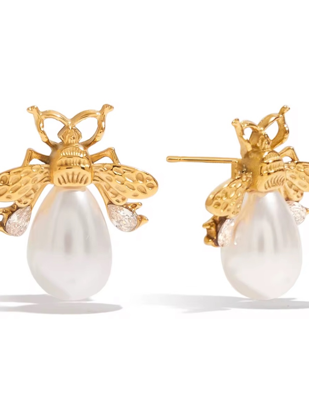 Gold Bee Pearl Drop Stud Earrings - Women's Jewelry